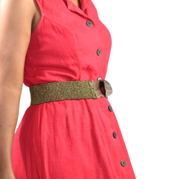 Beaded Cinch Belt Brown Stretchy Elastic Studs Waist Wooden Clasp Buckle Medium - Picture 6 of 14